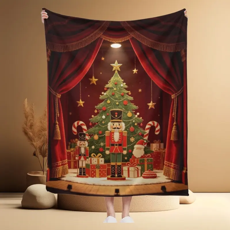 Christmas Nutcracker Theater Stage Flannel Holiday Printed Throw Blanket Red-Green-Gold Color Christmas Tree Gift Box Santa Claus Holiday Soft Warm Lightweight Home Blanket