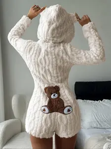 Women's Cute Teddy Bear Embroidered Hooded Long Sleeve Fleece Sweatshirt, Comfortable Fashion Design, Perfect Gift for Her, Daily Wear
