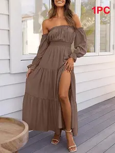Women's Boho-Style Off-Shoulder Long-Sleeve Smocked High-Waisted Side-Split Flowy A-Line Tiered Maxi Dress, Perfect for Casual and Party Wear
