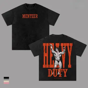 Classic fitness fandom cotton collectible tee, acid faded two-sided orange text logo and full retroMentzer physique detailed artwork soft heavy cotton casual gym shirt for male and female powerlifting collectors