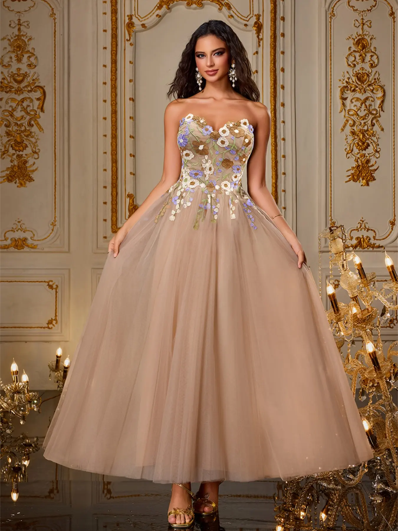 Elegant Strapless Floral Applique Chiffon Long Ball Gown, Dreamy Sweetheart Princess Style, Party Dress, Formal Event, Wedding Guest Dress