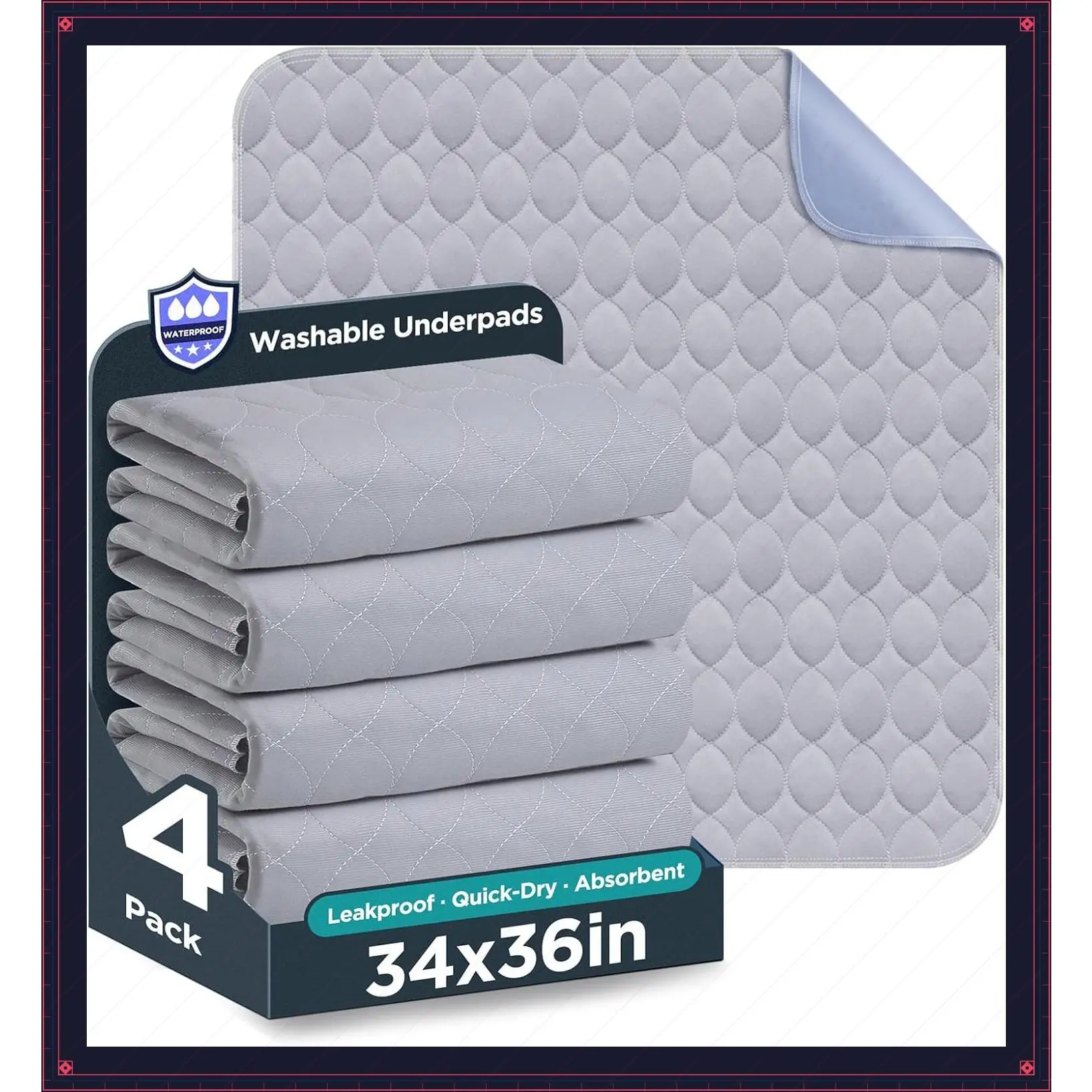 Washable Bed Pads 34" x 36" - 4 Pack, Grey - Waterproof Reusable Underpads for Incontinence, Bed Wetting, Adults, Seniors & Pets - for Bed, Sofa, FloorGift