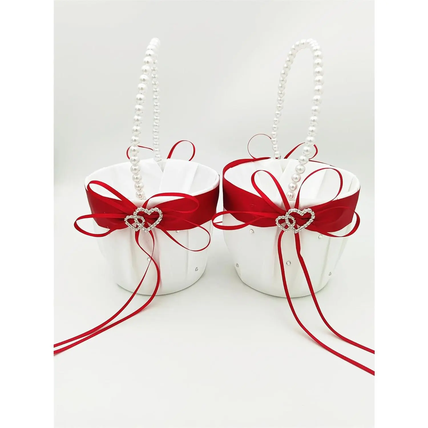 White Satin 2-Piece Flower Storage Basket Organiser Set - Pearl Handles, Double Rhinestone Hearts - Home Supplies for Wedding, Engagement Ceremony Decor (Red)
