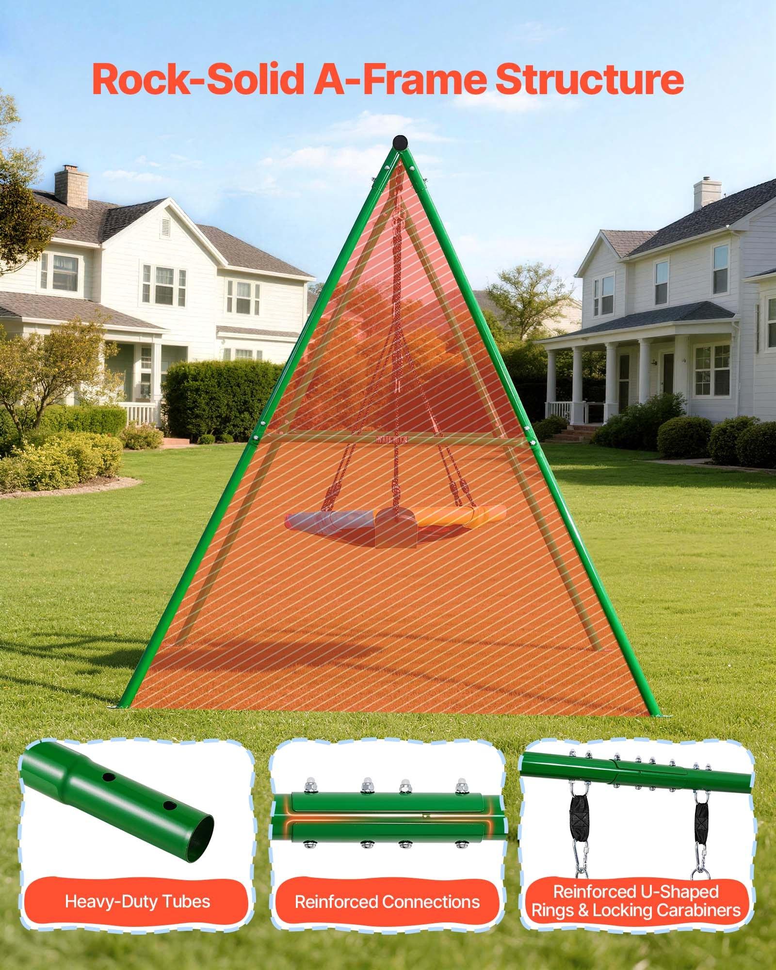 【Summerfinds】VEVOR Unisex Carbon Steel Backyard Playground Equipment, 32-in Adjustable Saucer & Belt Seats, Heavy-Duty A-Frame Stand, 440-lbs Load Capacity, Spiral Ground Anchor Reinforcement, Sturdy Swinging Outdoor Gear for Long-Term Use