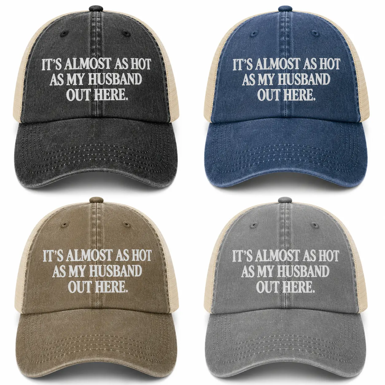 Funny Wife Trucker Hat, It's Almost As Hot As My Husband Out Here Graphic Print Cap, Vintage Washed Mesh Back Baseball Hat, Adjustable Snapback Summer Hat