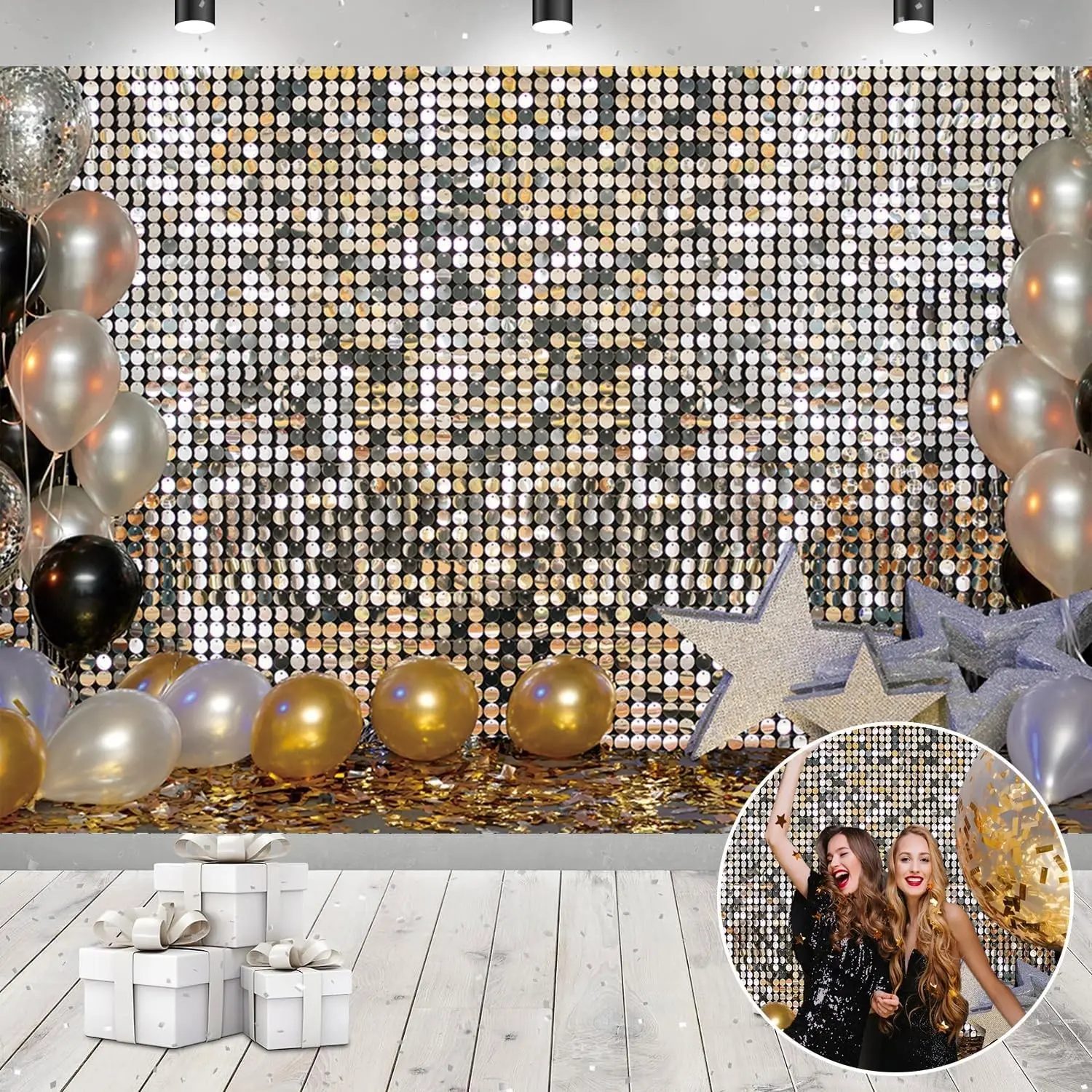 Sequin Backdrop, 24/36 Panels Iridescent Silver Shimmer Wall Backdrop, Round Sequin Shimmer Backdrop, Photo Backdrops for Birthday, Anniversary, Wedding, Graduation & Bachelorette Party Decoration