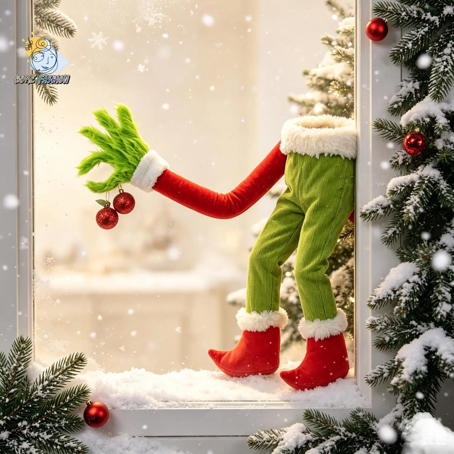 Christmas Green Fluffy Monster Style Plush Limbs Hanging Ornament Corduroy Green Pants Red Furry Trim Elf Shoes With Red Xmas Ball Decor Winter Farmhouse Home Wall Fireplace Tree Holiday