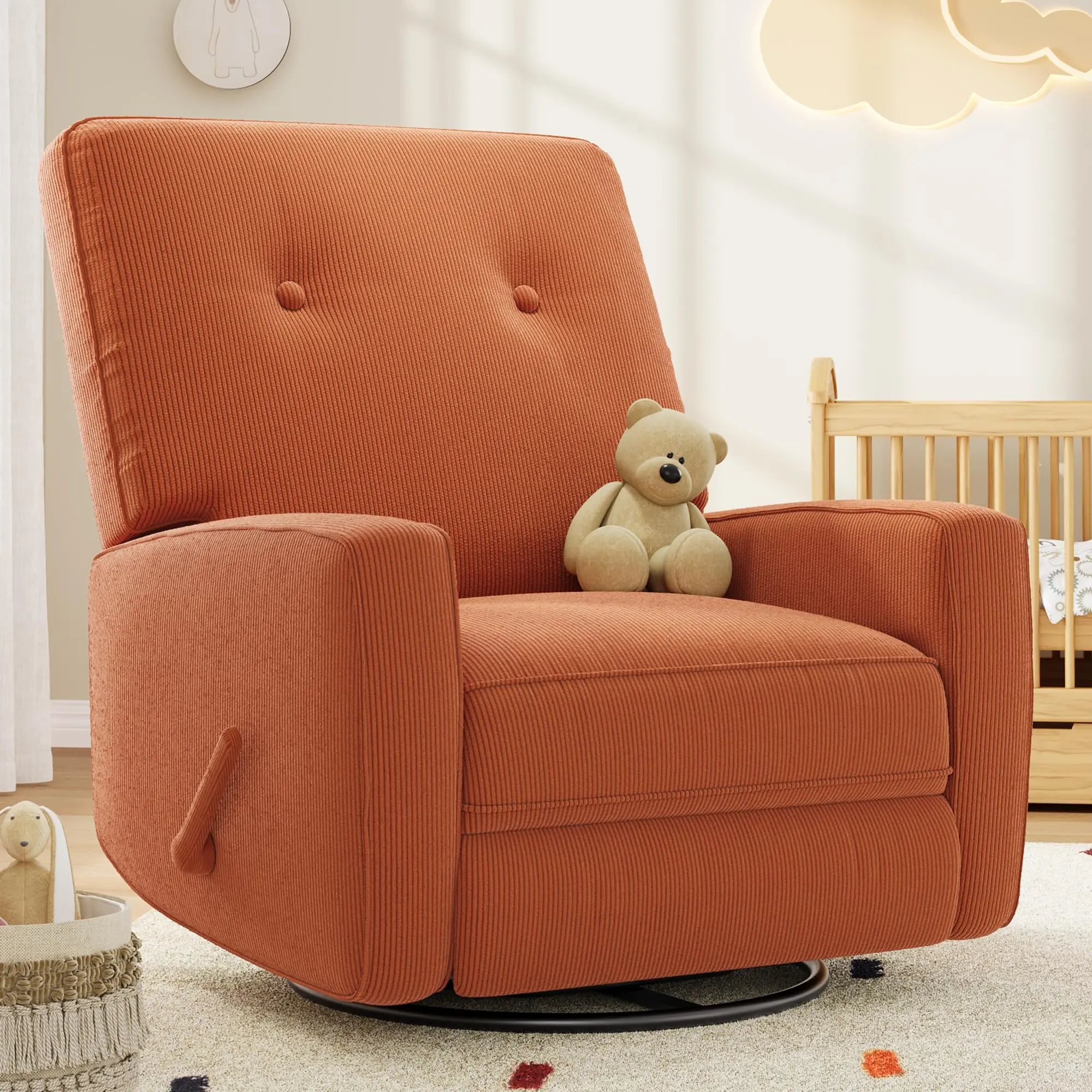 360° Swivel Recliner Chair, Corduroy Upholstered Rocking Glider with Adjustable Backrest & Footrest for Living Room, Bedroom, Nursery