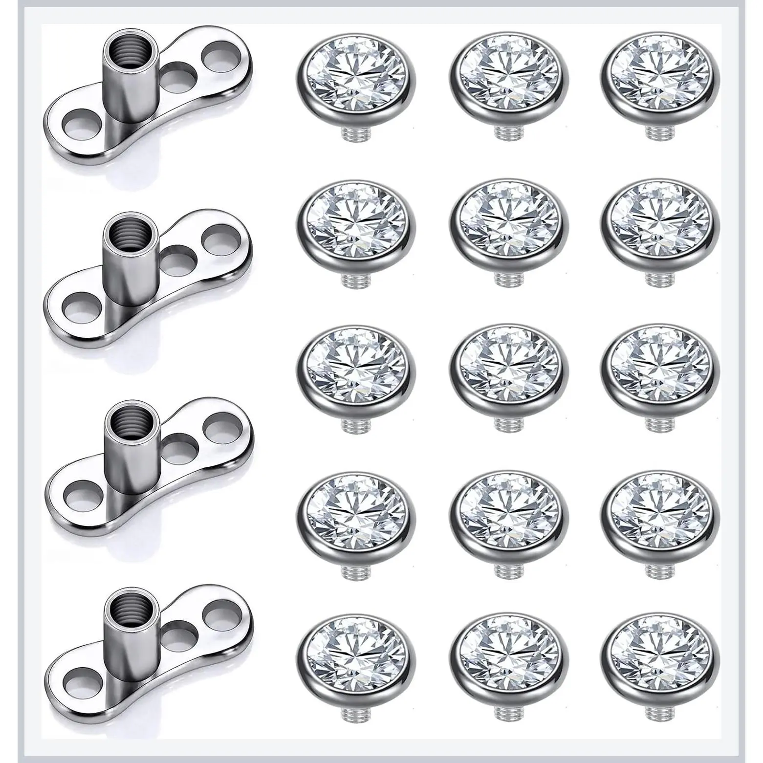 14/15PCS Cubic Zirconia Dermal Anchor Tops 2mm 3mm 4mm, 14G Surgical Steel Internally Threaded Dermal Anchor Base Microdermal Piercing for Women Men