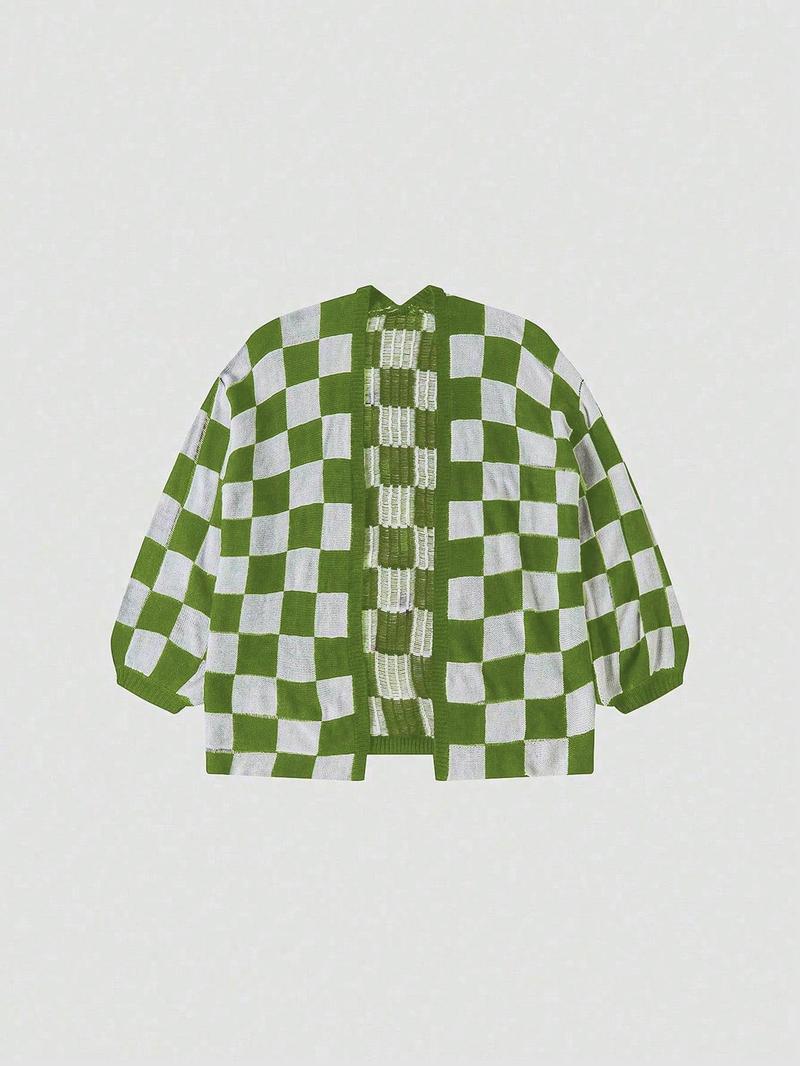 Women's Checkerboard Print Bishop Sleeve Open Front Cardigan, Fashion Casual Long Sleeve Knitwear for All Seasons, Women's Knit Clothing for Daily Wear, Cardigan for Women