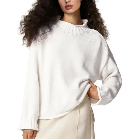 Wyeysyt Women's Basic Long-Sleeve Oversized Rollneck Sweater, Chunky Cable-Knitting Lady's Top for Women, Fall Winter Casual Soft Pullover