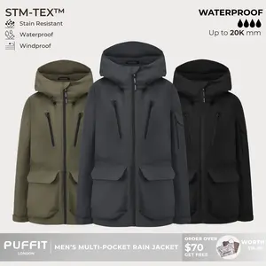 PUFFIT STM-TEX Men’s Multi-Pocket Raincoat,Offering Waterproof,Stain-resistant,Windproof Properties,With 20,000mm Water Column For High Waterproof Performance,Shell Jacket,Spring Jacket,Windbreaker,Dog Walking,School Running,Football Mum