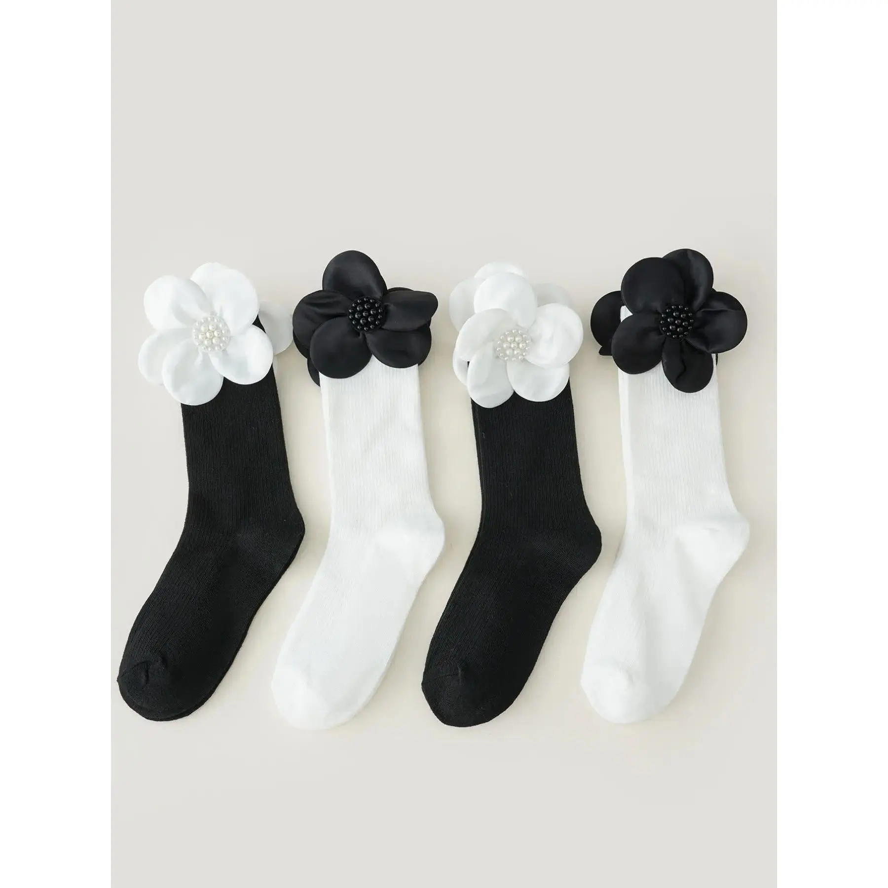 4 Pairs Fashion Pearl Flower Floral Mid-Calf Lady Socks, Elegant Versatile Comfortable Casual Chunky Socks, Suitable for Women's Everyday Wear, Elegance