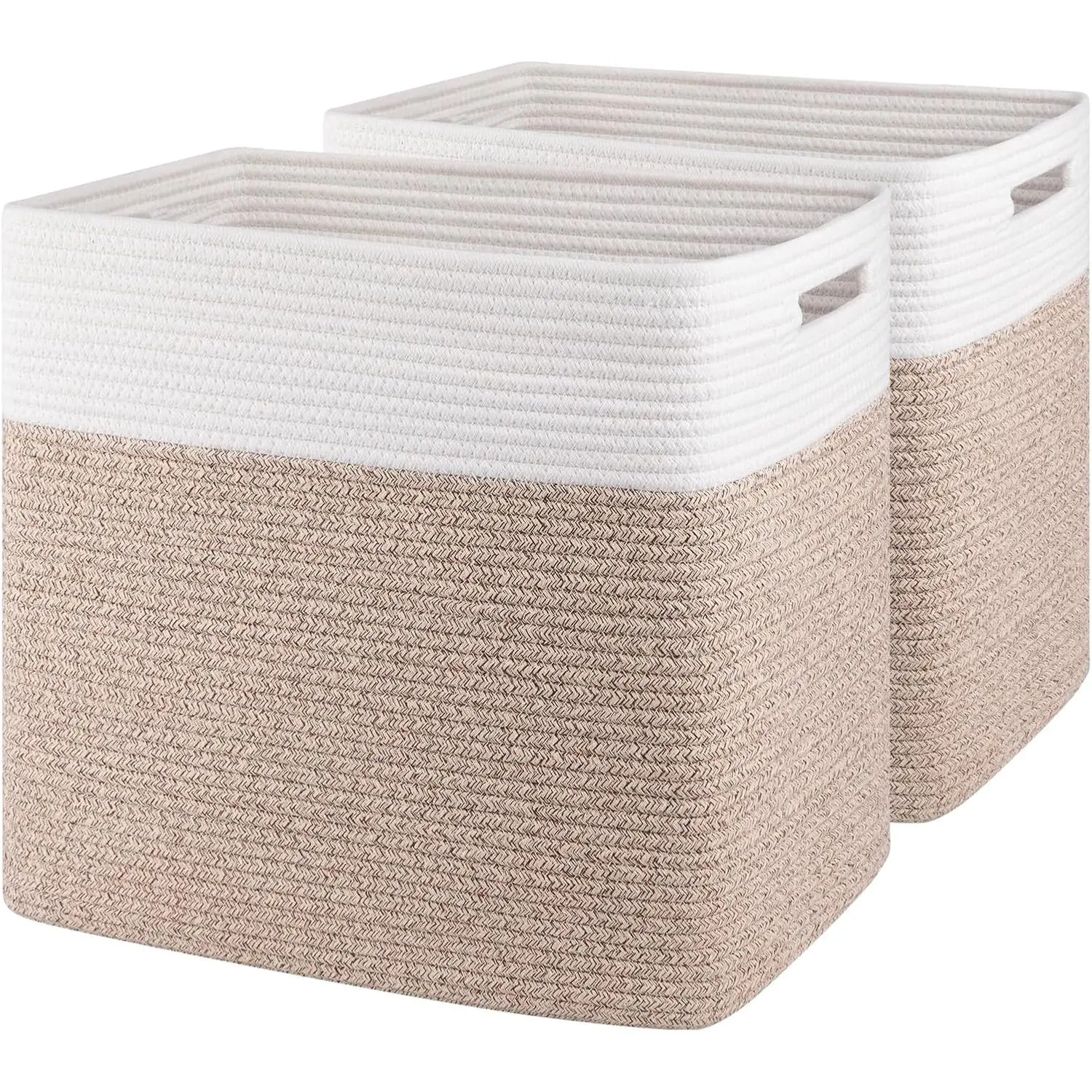Brown Rectangle Cotton Decorative Woven Organiser Storage Baskets Set (Pack of 2) - Large Collapsible Bins, 16.5x13x15 in, for Shelf, Living Room Decor & Laundry Use (Pet Supplies Compatible)
