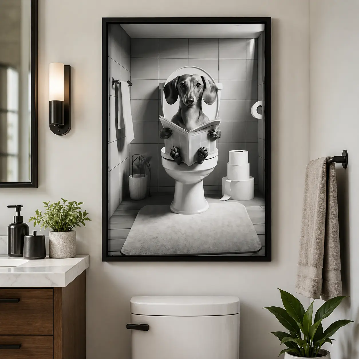 Funny Dachshund Wall Art |   Dog in Toilet Poster |   Bathroom Decor & Pet Art, Canvas Wall Art, Canvas Prints, Framed Canvas, Unframed Canvas, Funny Bathroom Wall Art, Dog Decor, Pet Wall Art, Bathroom Wall Art, Room Wall Decor, Bedroom Decor, Gift Idea
