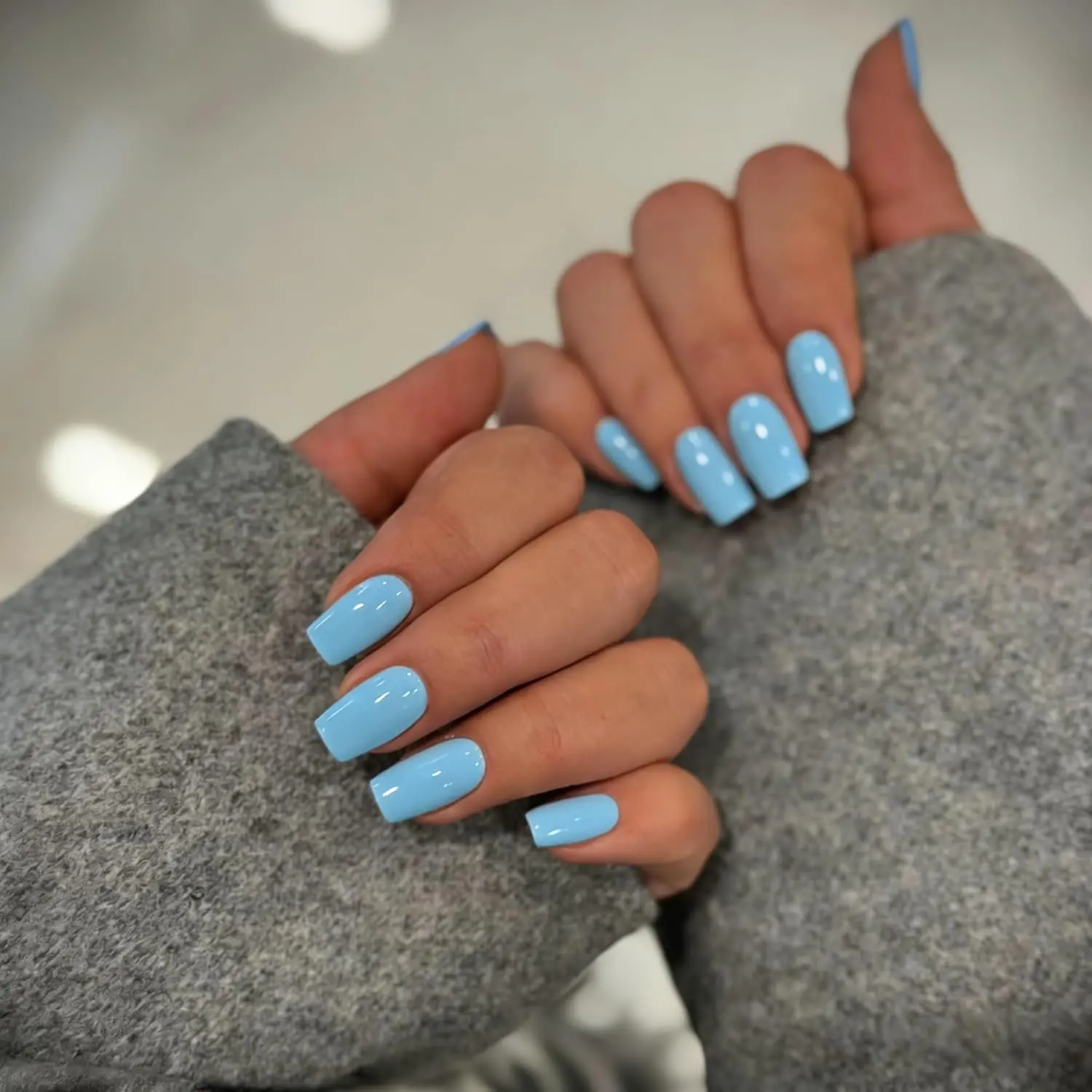 Baby Blue Press on Nails Medium Square, Soft Gel Fake Nails Short Coffin, Glossy Full Cover Acrylic Nails Press on with Nail Glue, Reusable Glue on Nail for Women, Easy to Apply, 28 Pcs