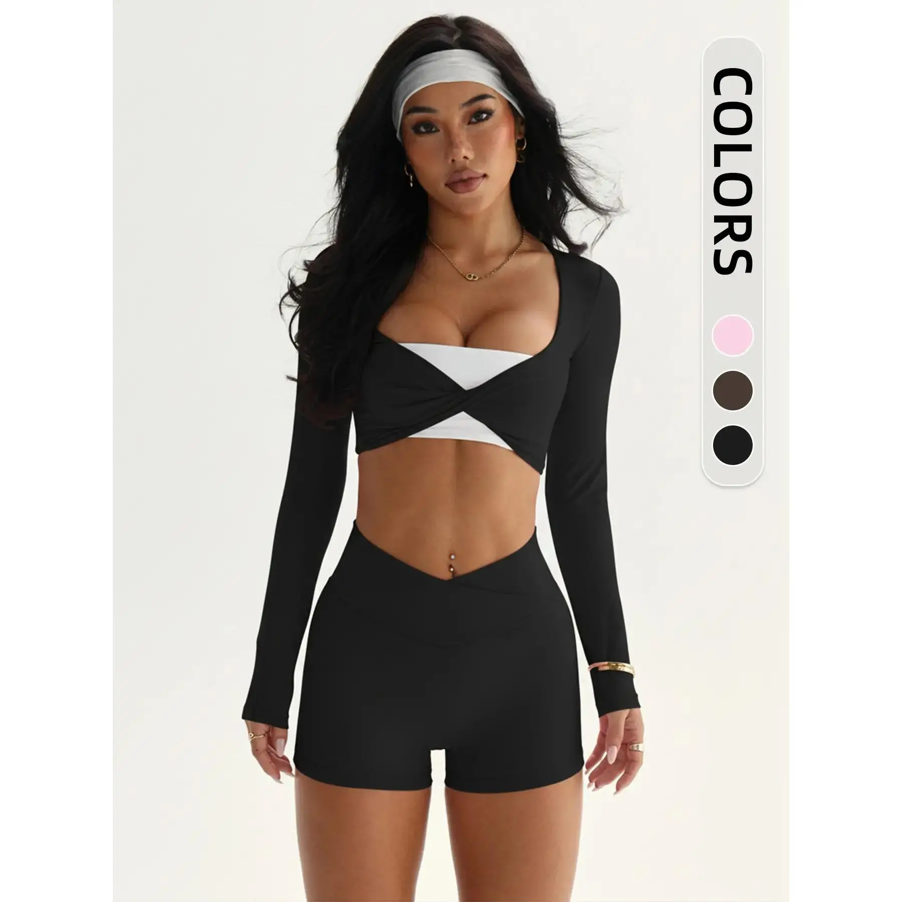 Women's Two-Piece Sportswear Set, Long Sleeve Colorblock Top, High Waist Butt-Lifting Shorts, Ideal for Yoga, Pilates, Festive Events, Stretch Gym Set