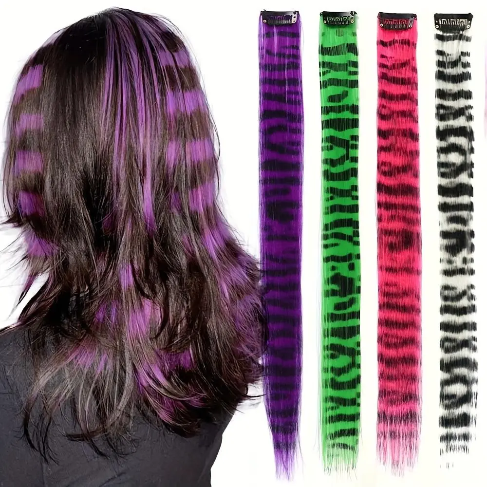 4pcs - Y2K Emo Clip-in Hair Extensions -18inch - Black Streaked Synthetic Weave for Scene Teens Raccoon Hair