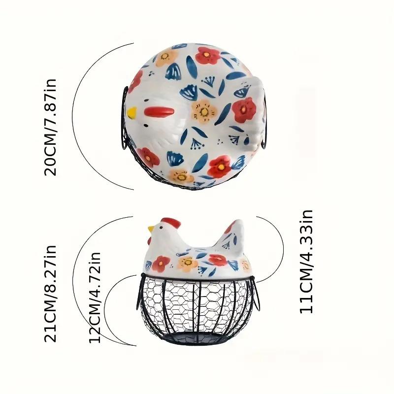 Ceramic Egg Basket with Metal Wire and Lid, Multifunctional Kitchen Storage Box, Decorative Food Organizer for Eggs, Fruits, Vegetables, Multipurpose Basket Decorative Ornaments