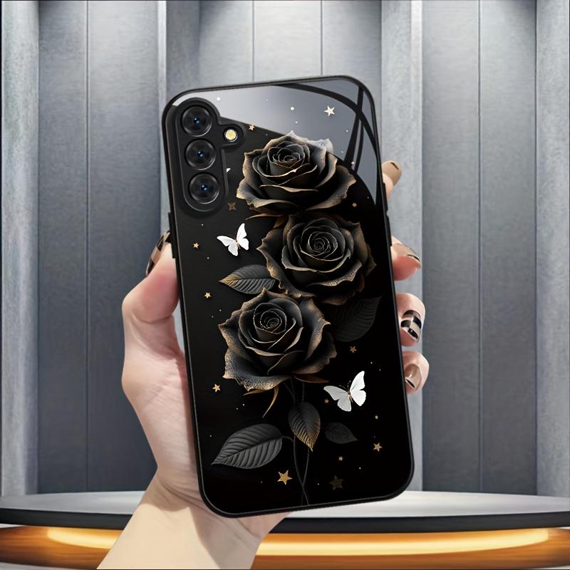 Black Rose White butterfly Glass PhoneCase suitable for Samsung Galaxy S26 S25 S24 S23 S22Pro S21 S20 Fe Plus Ultra Pro A56 A55 A54 A53 A52 A51 A36 A35 A34 A32 A26 A25 A24 A23 A16 A15 A14 A06 A05 A03s