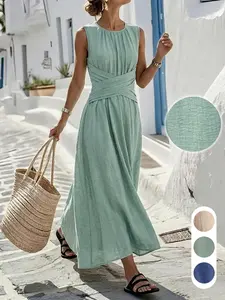 Sleeveless Round Neck Vacation Dress, Relaxed Style, Simple Minimalist Elegant Look, Long Beach Dress, Summer Travel Dress, Daily Casual Plain Dress Ff2632