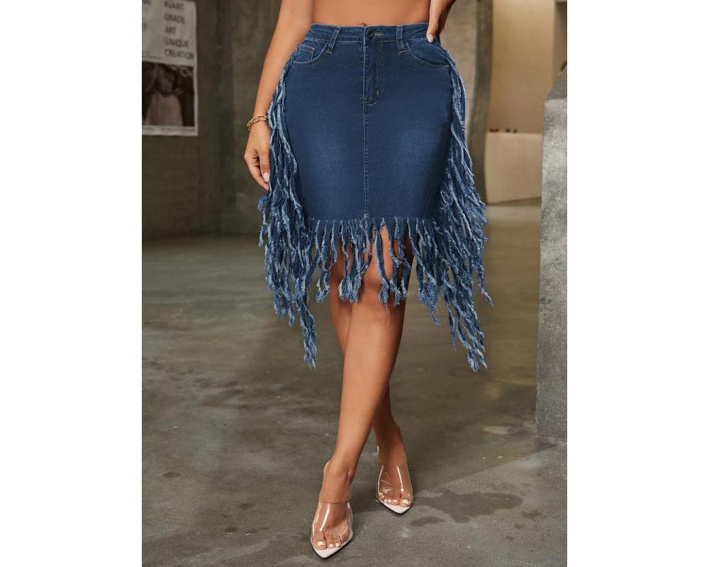 2025 Fashion Trend Sexy Washed Denim Fringe High-Waisted Skirt-F