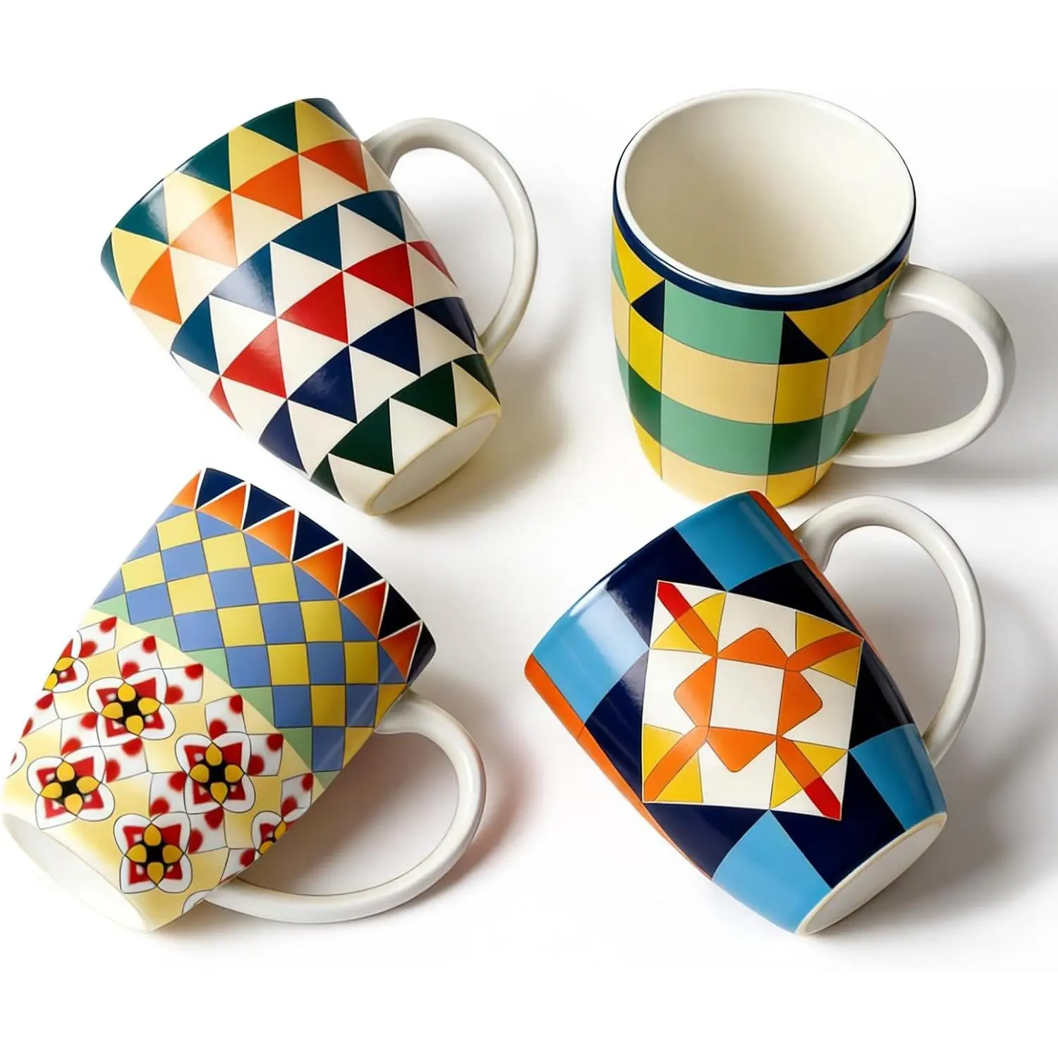 Bohemian Ceramic Coffee Mugs Set of 4, 15oz/450ml Geometric   Cups, Large Porcelain Mugs for Latte Cappuccino, Colorful Boho Drinkware  Set
