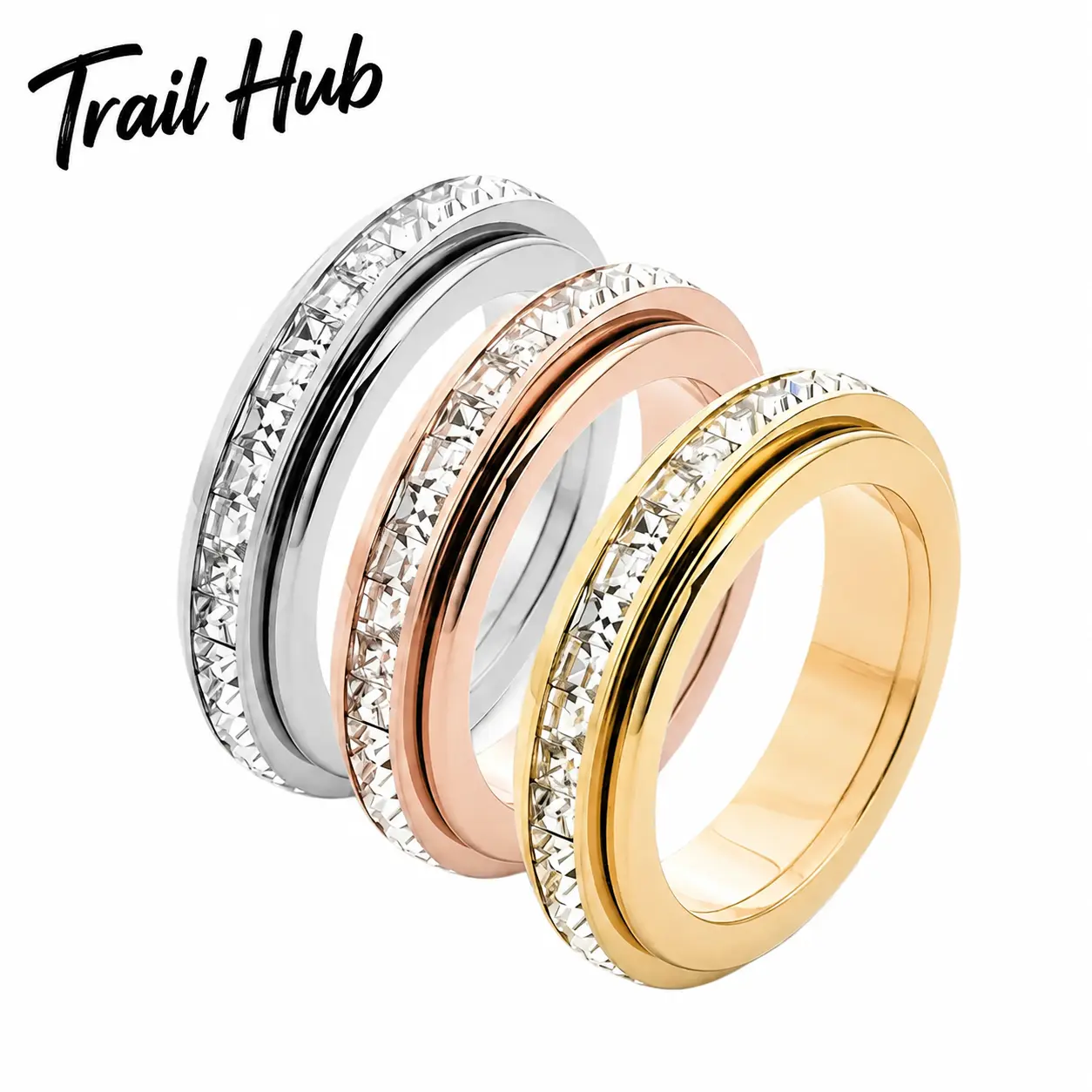 Women’s 3-Piece Kinetic Spinner Rings Set Featuring Polished Cubic Zirconia Accents, Smooth Rotating Geometric Cube Design for Gentle Fidgeting and Stress Relief, Lightweight Hypoallergenic Alloy Jewelry Ideal for Daily Wear, Office Focus, or Mindful Move