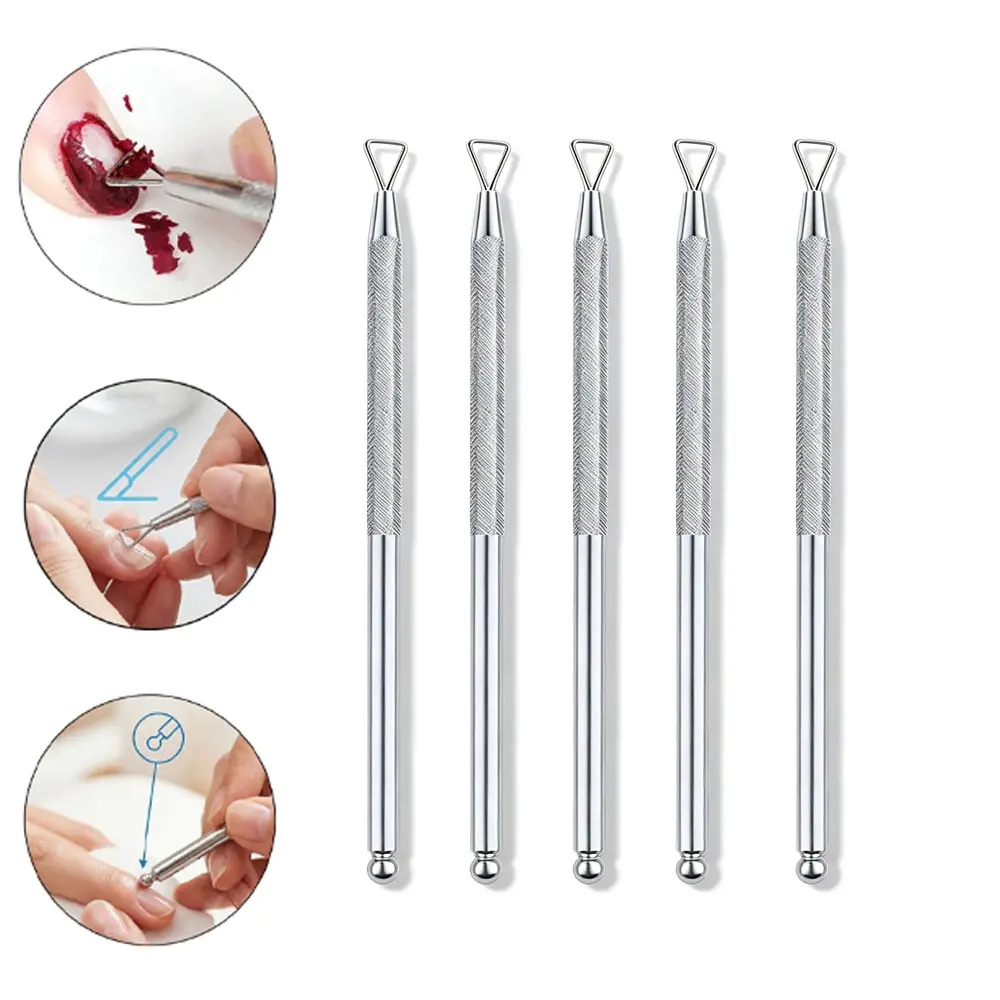 5pcs Stainless Steel Nail Polish Remover Tools, Double-Ended Nail Scraper, Cuticle Pusher, Manicure Cleaning Stick, Nail Art Supplies