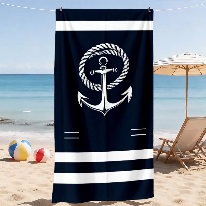 1pc Nautical Anchor Beach Towel, Ocean Vintage Stripe Pattern Soft Absorbent Lightweight Quick Dry Towel for Beach, Pool, Travel, Camping and Outdoor Use, Comfortable Summer Holiday Gift for Men, Women and Family, Quick Drying Towel, Striped Pattern Towel
