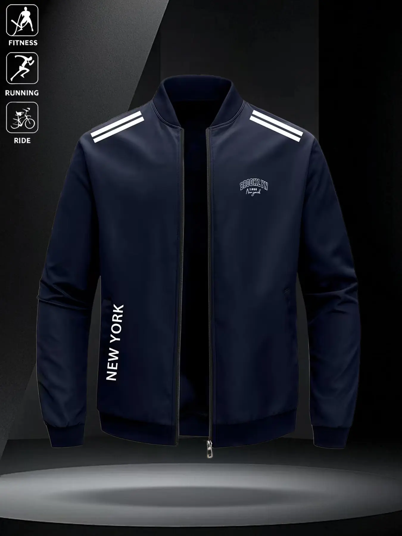 American Style New York Brooklyn Letter Baseball Collar Zipper Jacket, Casual Versatile Men's Spring Fall Lightweight Outerwear