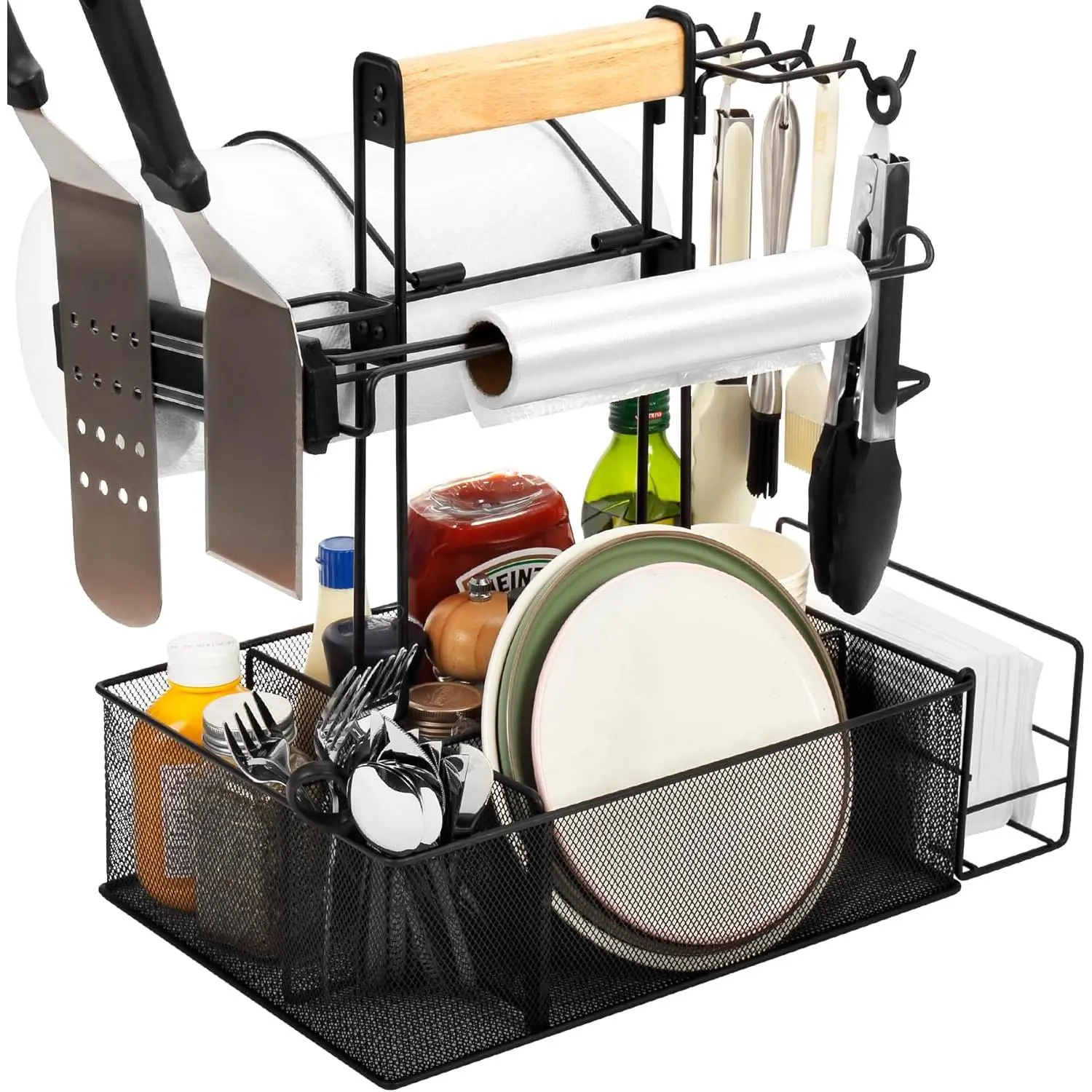 Outdoor Grill Caddy - Adjustable Size Home Organizer with Paper Towel Holder, Magnetic Tool Holder, Condiment & Utensil Storage for RV Camping Tailgating Gear