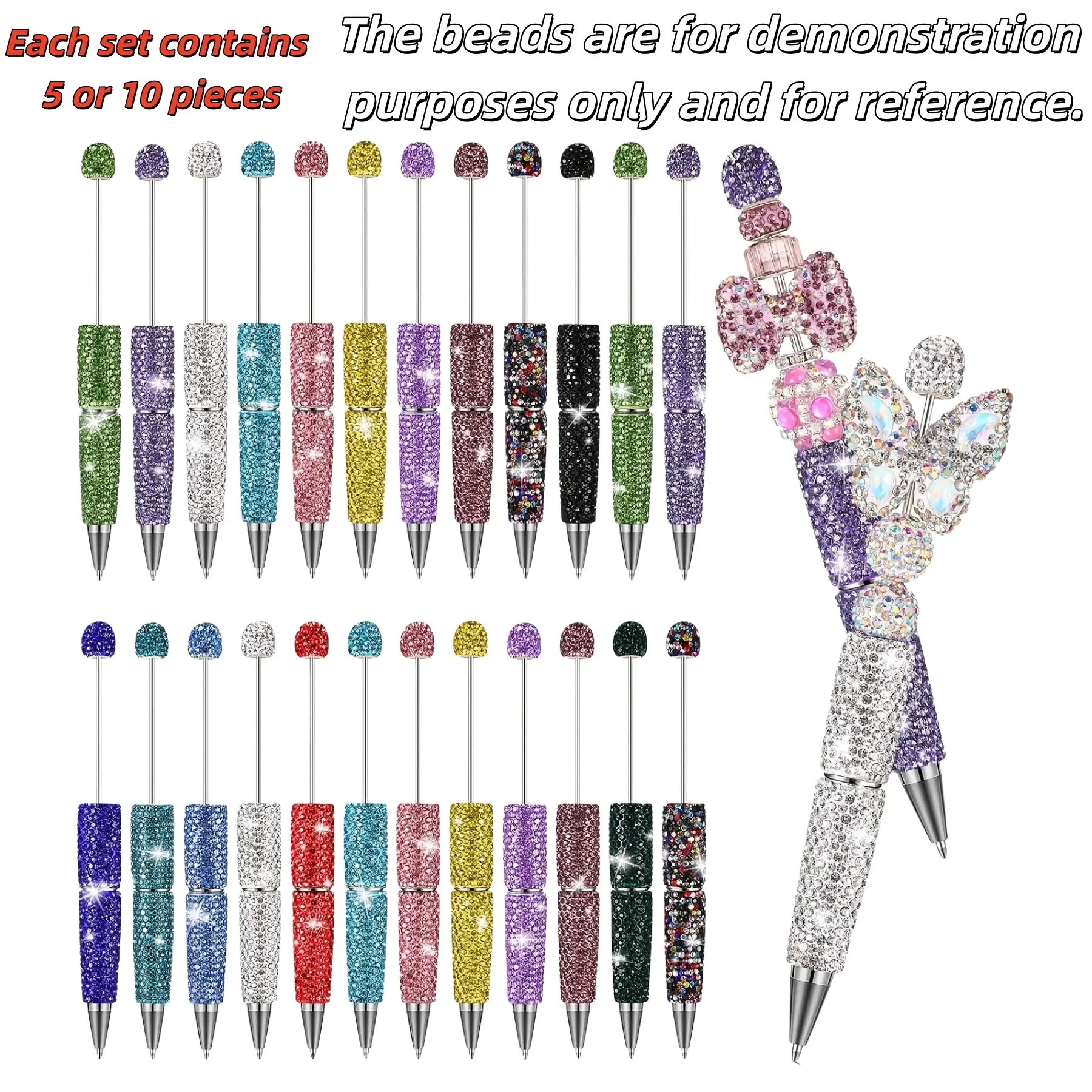 5-Pack Luxury Diamond Beaded Pen Set, Full Drill Fashion Beaded Pens, Random Colors, DIY Craft, Creative Writing Tools, Sparkling Colorful Drills