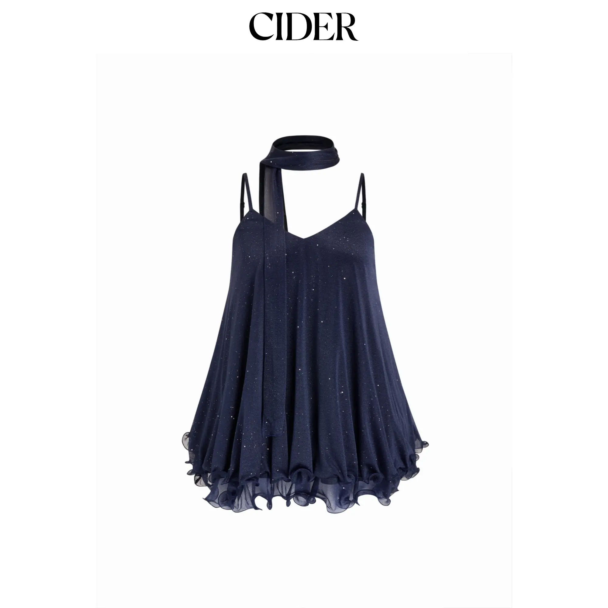 Cider Sequin V-Neck Halter Ruffled Hem Oversized Mini Dress With Scarf SohoChic Cider Sequin V-Neck Halter Ruffled Hem Oversized Mini Dress With Scarf SohoChic
