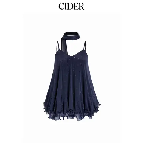 Cider Sequin V-Neck Halter Ruffled Hem Oversized Mini Dress With Scarf