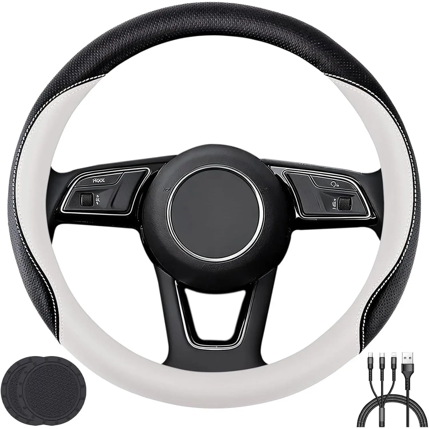 Non-Slip Leather-Like Car Steering Wheel Cover, Easy Install Universal Fit Protector for 14.5"-15" Diameter Wheels, Includes 2 Coasters & USB Charging Cable (White), Diameter 14.5", Protects Wheel