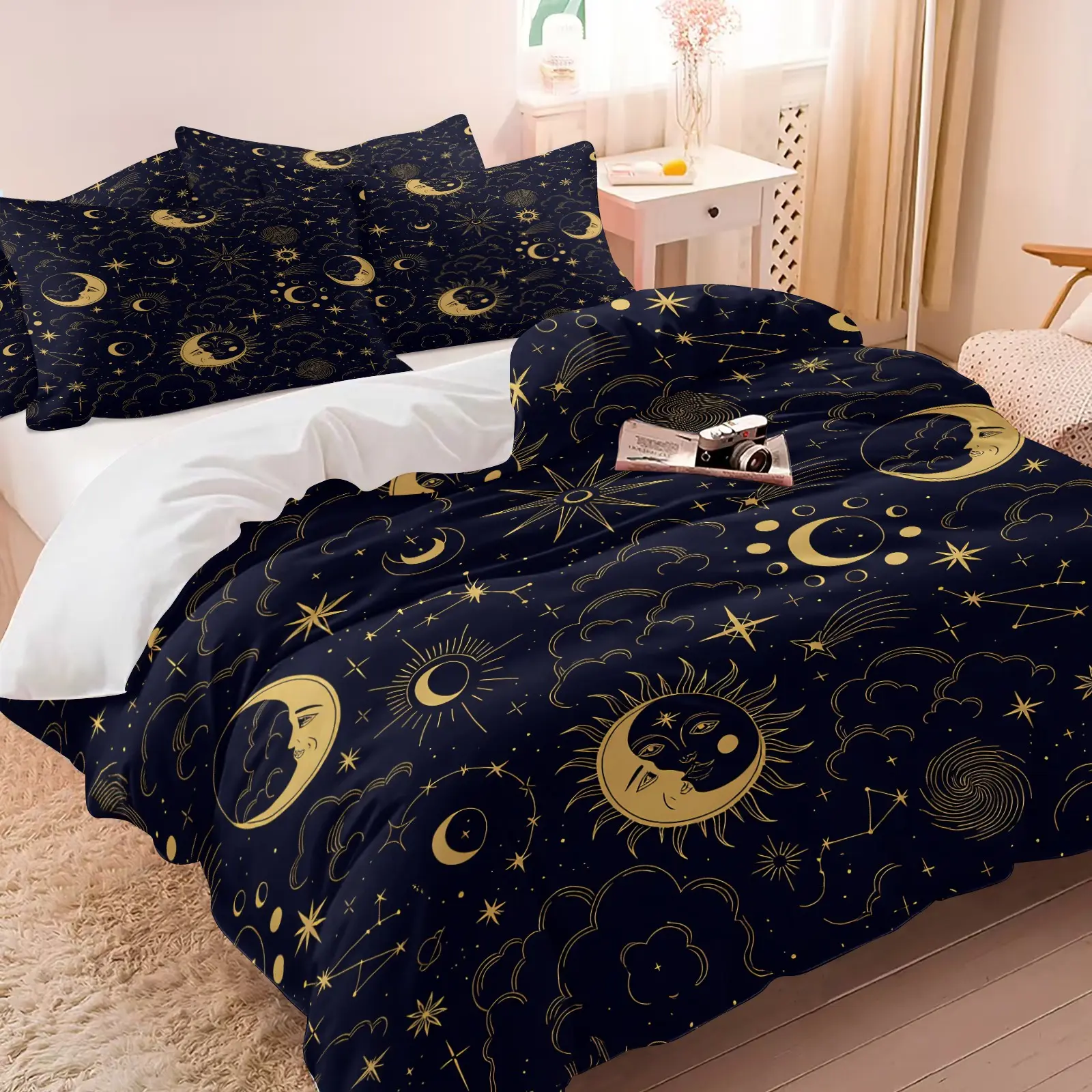 Dark Navy Gold Boho Celestial Cloud Star Tarot Bedding Set, 1 Duvet Cover + 1-2 Coreless Pillowcases, Breathable Cozy Durable Fabric, Elegant Golden Line Astrology Design, Perfect Decor Gift For Astronomy Fans