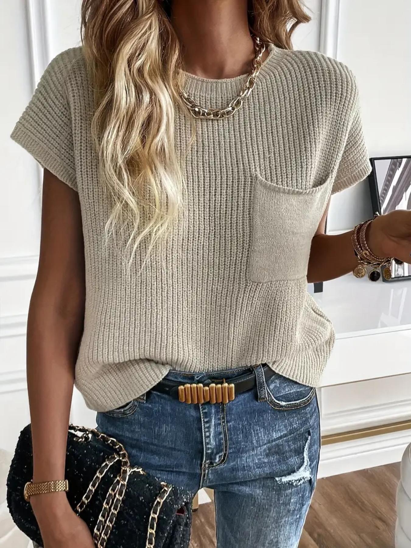Women's Plain Pocket Round Neck Comfort Knit Top, Fitted Casual Breathable Short Sleeve Womenswear, Crochet Tops for Lady, Summer, Comfort Summer Tops, Summer Clothes, Fashion Women's Knitting Clothing for Everyday Daily Wear, Womenswear