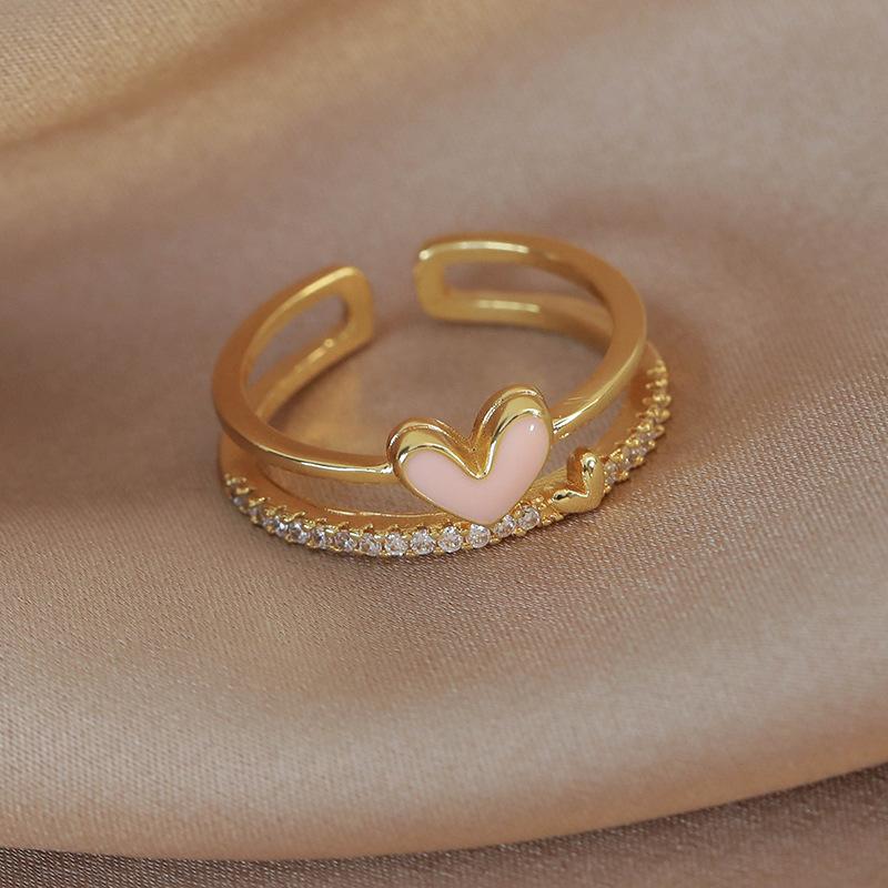Spring and summer macaron-colored oil-drip flower heart ring with zircon inlay, open niche ring for women, personalized index finger ring