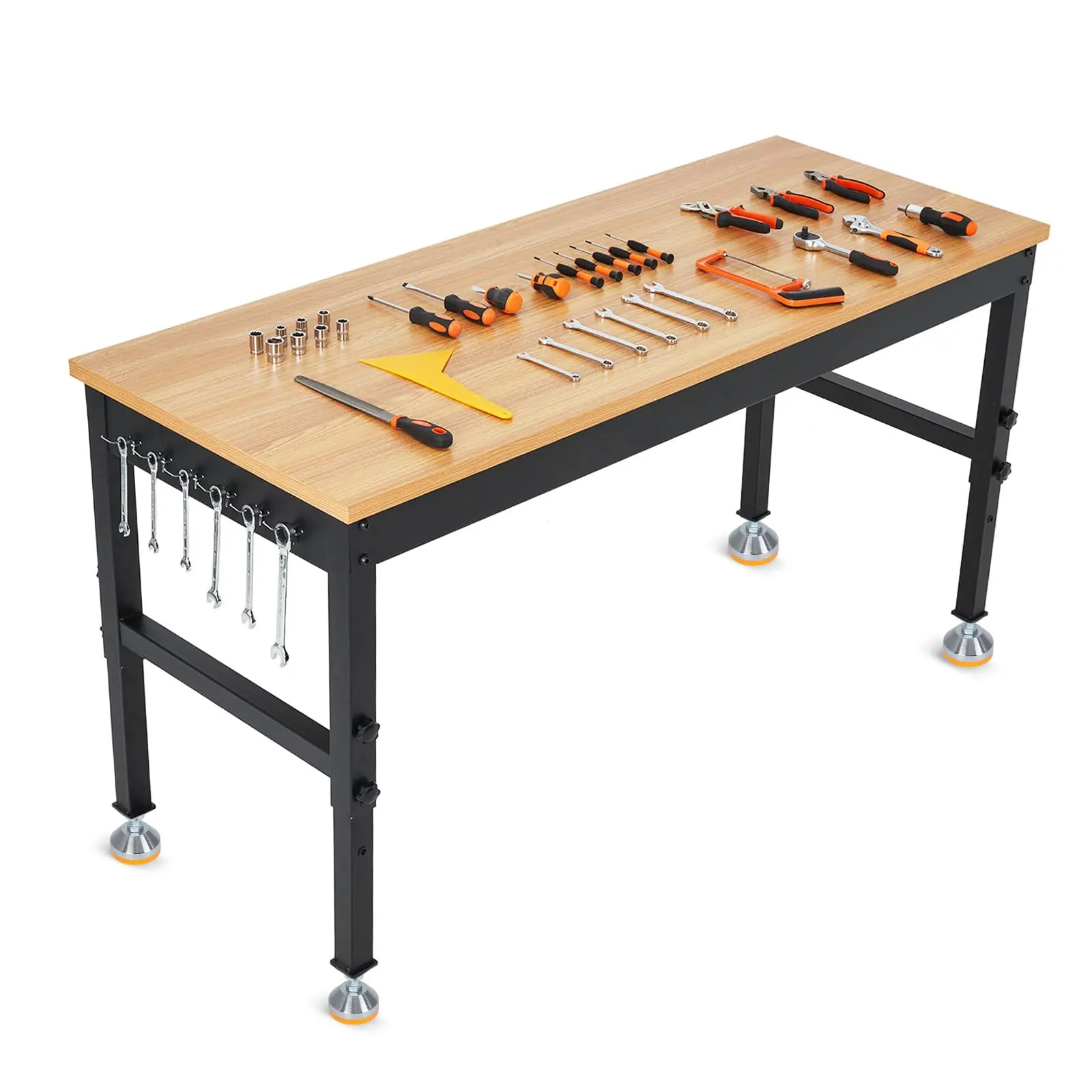 Adjustable Height Heavy Duty Workbenches with 2000-2500 lbs Load Capacity, Rubberwood or Hardwood Tops, Built-in Power Outlets, Lockable Wheels, Suspension Areas, and Multiple Hooks for Garage, Workshop, Office, and Home Use