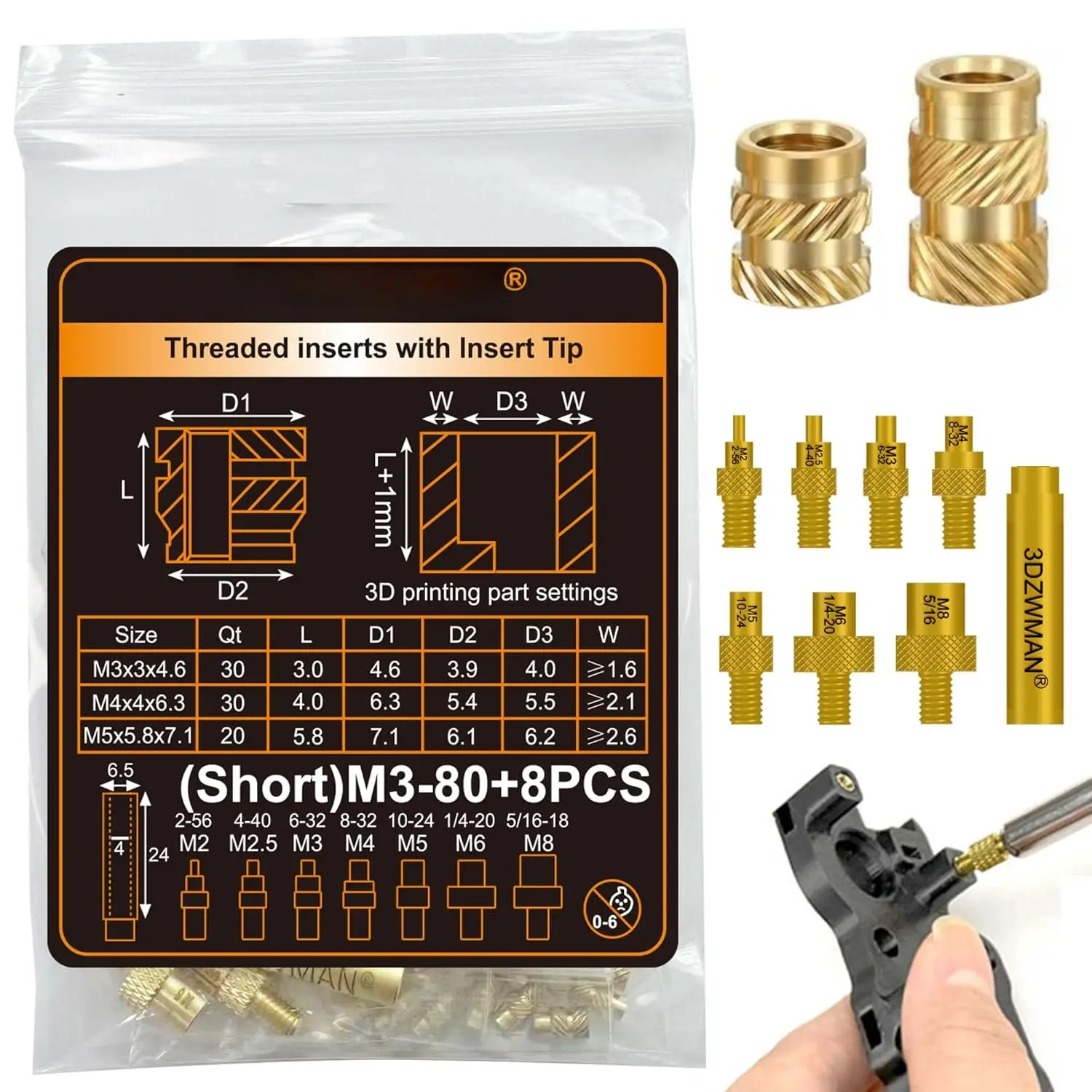 Threaded Inserts with M2-M8 Heat Set Insert Tools,Brass Metric Knurled Nuts for  Printing Components and Plastic  (M3x3x4.6-30PCS M4x4x6.3-30PCS M5x5.8x7.1-20PCS)
