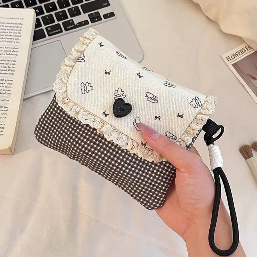 Women's Floral Print Small Storage Bag with Heart Button Snap Closure, Coin Compartments for Lipstick, Sanitary Napkins, Earphones, Data Cables - Home Organizer Pouch, Daily Use Bags