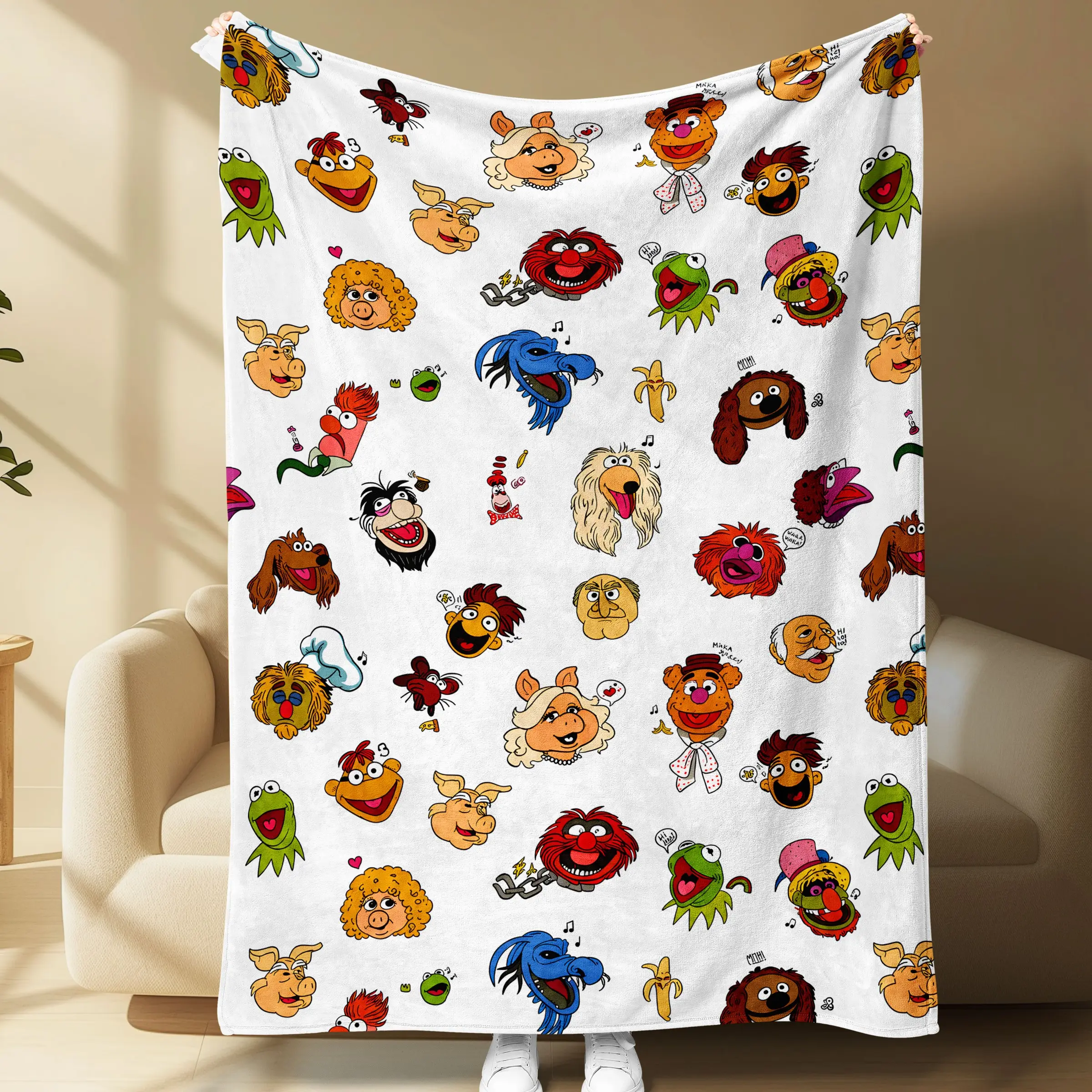 Muppets Characters Flannel Throw Blanket, Kermit Miss Piggy Animal Fozzie Gonzo, Soft Cozy Warm Fleece Blanket for Couch Sofa Bed, Halloween Gift