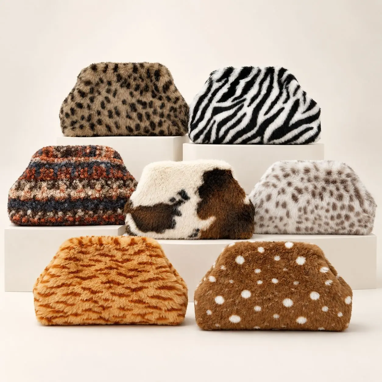 Faux Fur Animal Evening Clutch Bag, Plush Handheld Crossbody Purse with Chain Strap, Luxury Style Statement Handbag for Party, Wedding, Dinner, Date Night, Cocktail Events and Special Occasions