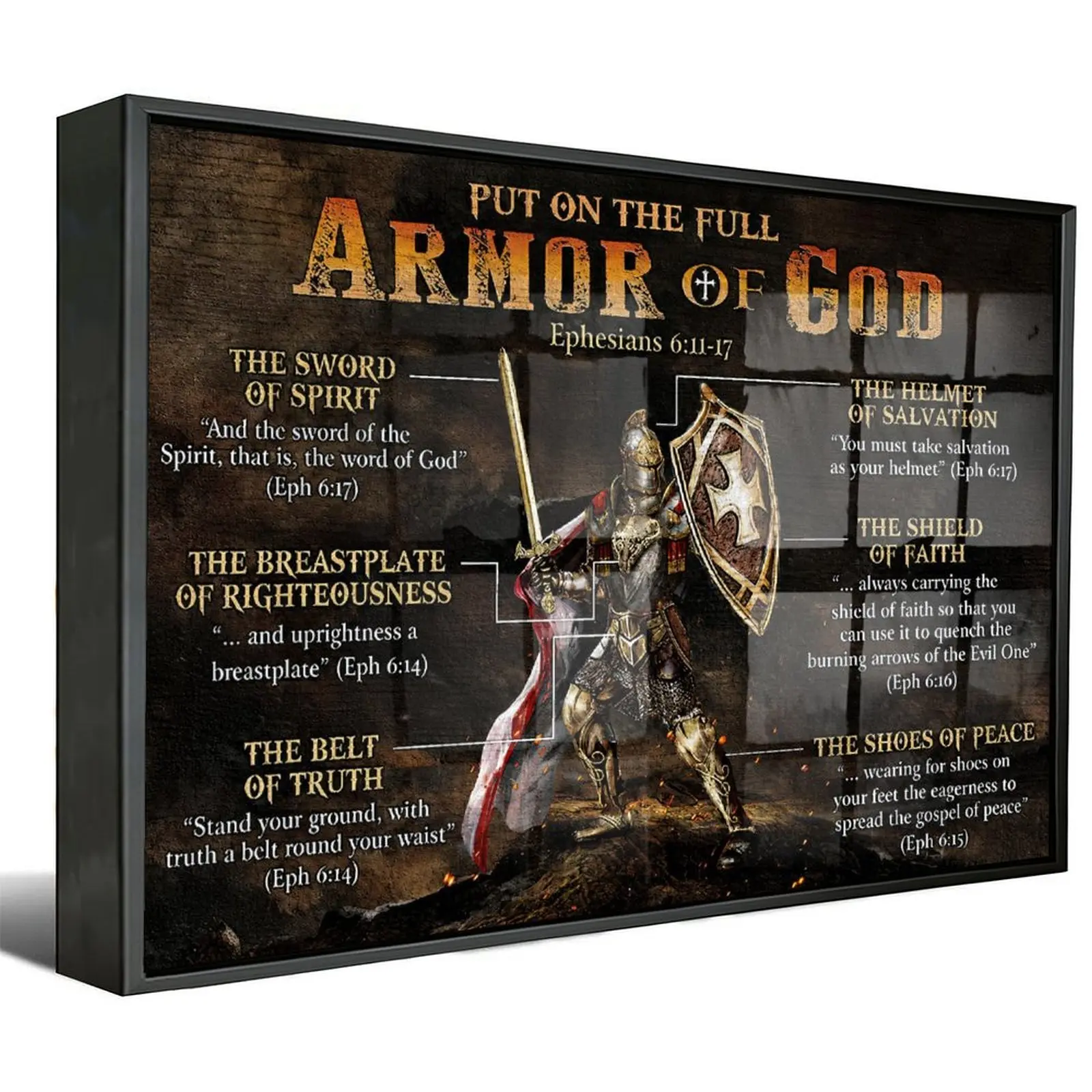 Armor Of God Wall Decoration Featuring A Knight Design. It Encourages Wearing The Full Armor Of God. This Canvas Christian Gift Is A Horizontal Poster , Ideal For A Warrior Of God