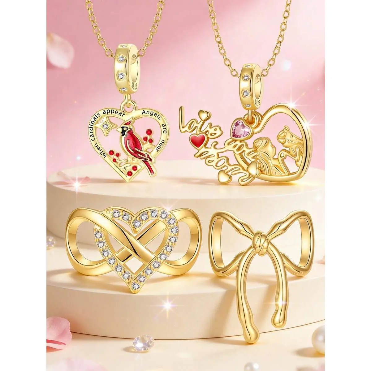 Gold Plated Charms For Bracelets,Heart Cardinal Mom Bow Infinity Dangle Beads,Mother's Day Pendant,Women DIY Jewelry Gift Fits Bracelet Necklace