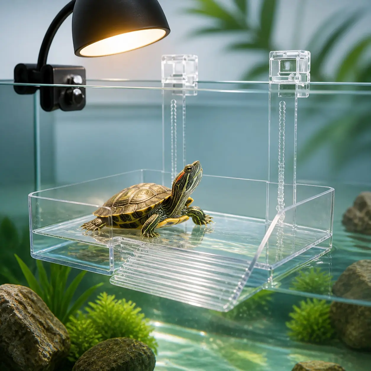 Transparent Turtle Basking Platform, Wall-Mounted Adjustable Climbing Rack, Fish-Turtle Mixed Tank Feeding Hook, Aquarium Decor Resting Spot, Aquarium Decorations
