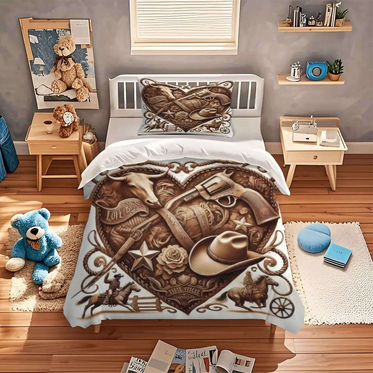 2/3Pcs Retro Rodeo Cow Duvet Cover Set, Western Texas Longhorn Bull Pistol Cowboy Riding Horse Design Soft Microfiber Bed Set for Men Farmhouse Bedroom Decor Twin Full Queen King Size, Includes 1 or 2 Pillowcase - No filling/Zipper Closure