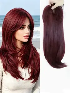 ✨ Effortless Fuller Burgundy Red Hair with Bangs with This Clip-In Topper Synthetic Wig! Premium Kanekalon Synthetic, Natural Volume & Realistic Style, Great for Thinning Hair & Everyday Wear!