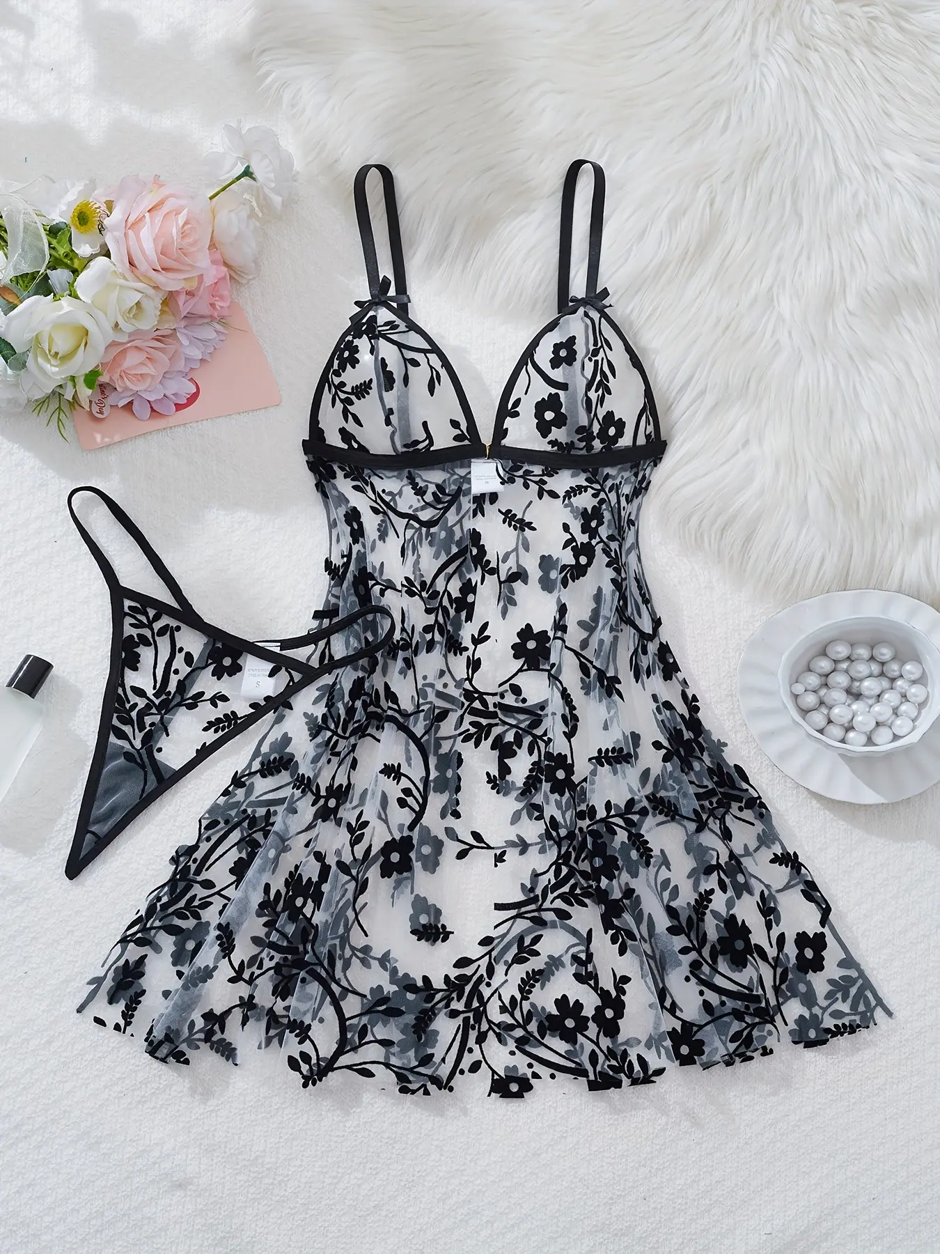 Women's Mesh Dress and Panties Set, Sheer Design Floral Embroidery Pattern, Perfect for Adults, Ideal for Dates, Valentine's Day, Night Out, Parties